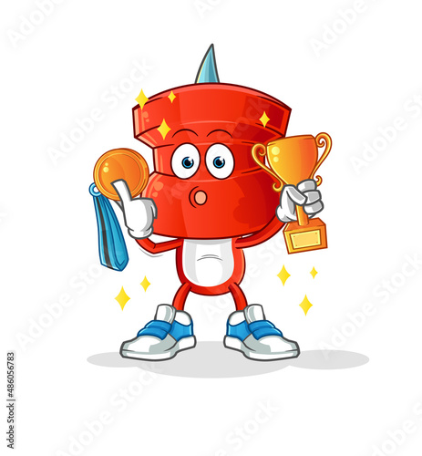 push pin head cartoon winner with trophie. cartoon character