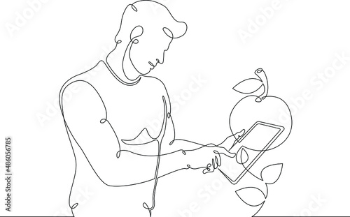 One continuous line.Augmented reality. Agronomist bioengineer using a tablet examines a plant. AR recognition and object scanning. Continuous line drawing.Line Art isolated white background.