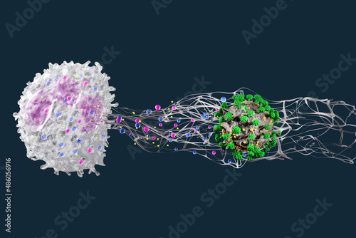 Leukocytes in the blood. Neutrophils make NETosis. 3d render.