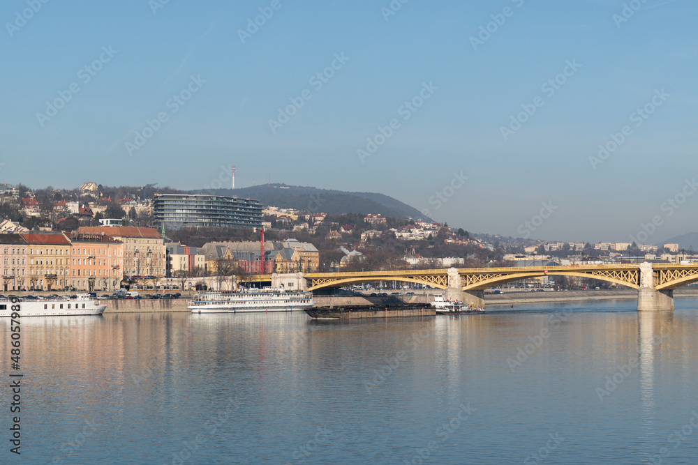 Budim Danube river bank and Margaret or Margit Bridge in Budapest, Hungary