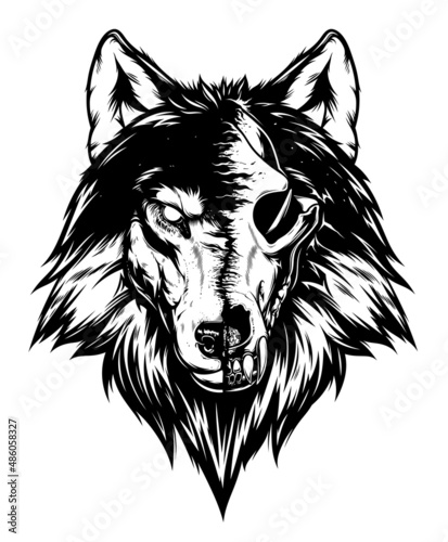 Half skull wolf head digital ink vector drawing.