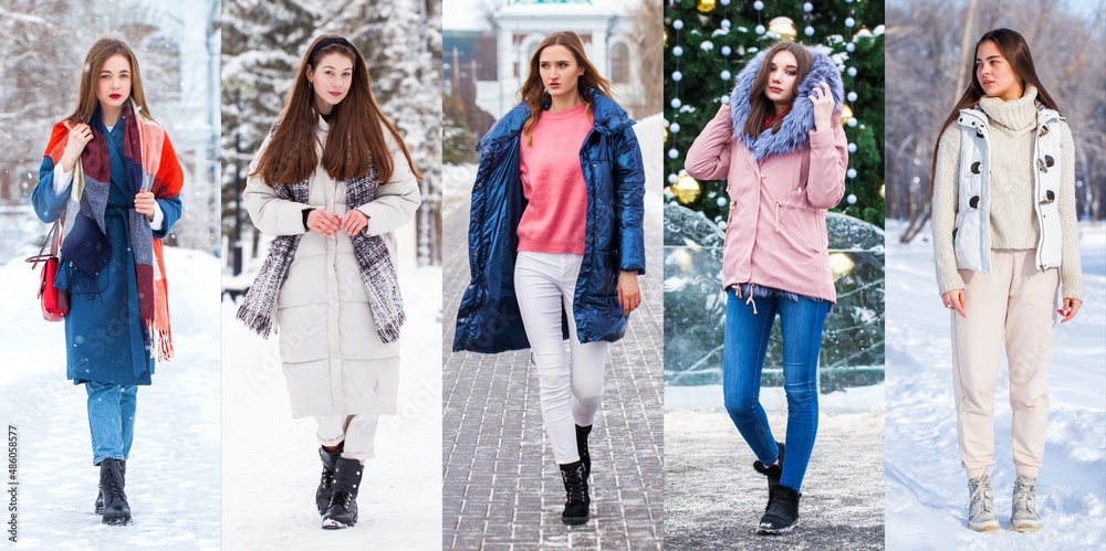 Obraz premium Collage Winter fashion. Full body portrait of a young beautiful models