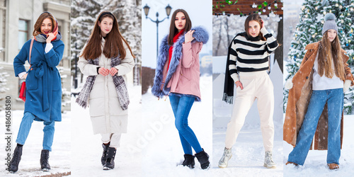 Collage Winter fashion. Full body portrait of a young beautiful models