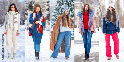 Collage Winter fashion. Full body portrait of a young beautiful models