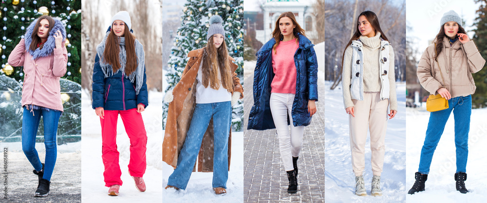Fototapeta premium Collage Winter Fashion. Full body portrait of a young beautiful models