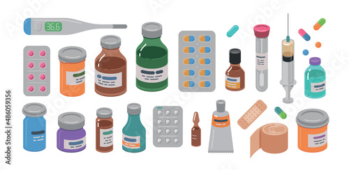 Set of medical bottles and pills. Hospital medicine, pharmacy concept vector illustration