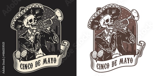 Skeleton with trumpet vintage label