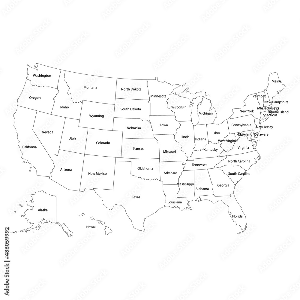 Poster map of the United States of America with the names of the states. Black and white printed map of the United States for T-shirts, posters or geographical themes. Drawn map with states. Vector