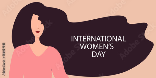 March 8th.A woman with dark hair and an inscription on her hair -International Women's Day.Can be used for, landing page, websites, mobile app, poster, banner.
