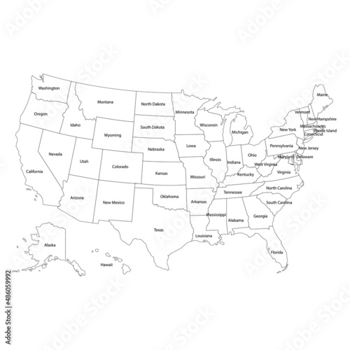 Poster map of the United States of America with the names of the states. Black and white printed map of the United States for T-shirts, posters or geographical themes. Drawn map with states. Vector