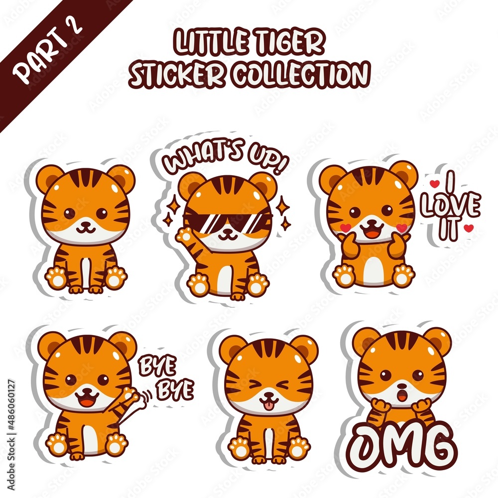 Fototapeta premium Set of cute little tiger sticker collection whats up i love it bye bye OMG emoticon