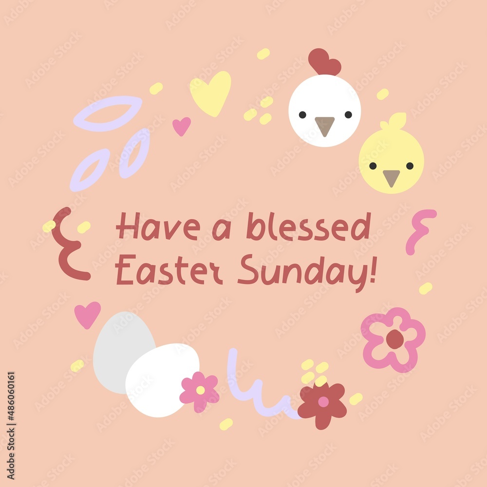 Vector cute frame for easter postcard with simple lettering and little illustration of hen, chick, eggs, leafs and flowers on peach background.