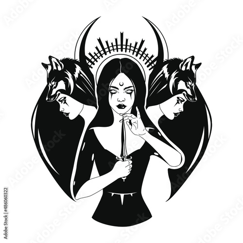 Triple lunar Goddess Hecate ancient Greek mythology hand drawn black and white isolated vector illustration. Tattoo or print design. Vector illustration. photo