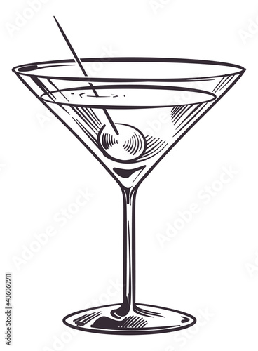 Martini cocktail glass with olive. Hand drawn engraving