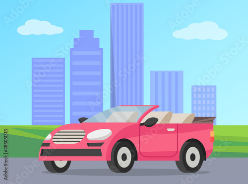 Fototapeta Naklejka Na Ścianę i Meble -  Pink cabriolet on city road cartoon vector illustration. Stylish car for women, girly auto without roof flat color object. Luxurious personal transport fashion automobile in cityscape with skyscrapers