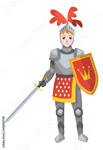 Medieval knight in metal armor. Historical costume character