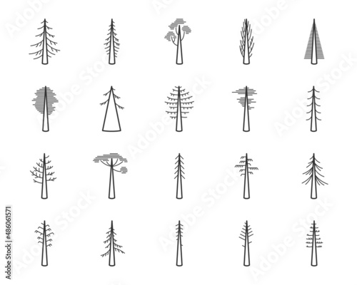 Simple set of coniferous trees related vector icons. Contains icons as araucaria, cedar, cypress, fir, pine and more. 256 x 256 Pixel Perfect scalable to 128 px, 64 px ect.