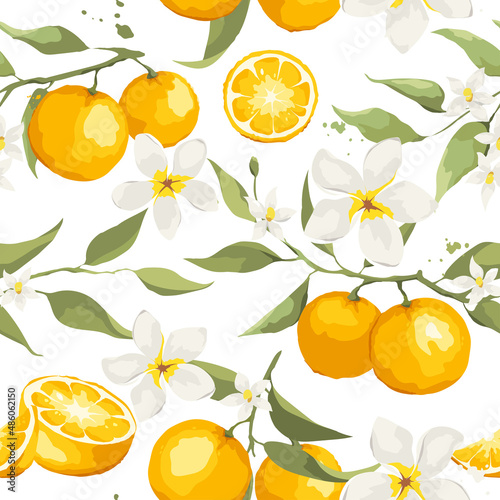 Summer pattern with orange branch and jasmine flowers. Seamless background with citrus fruits, vector illustration, print.	