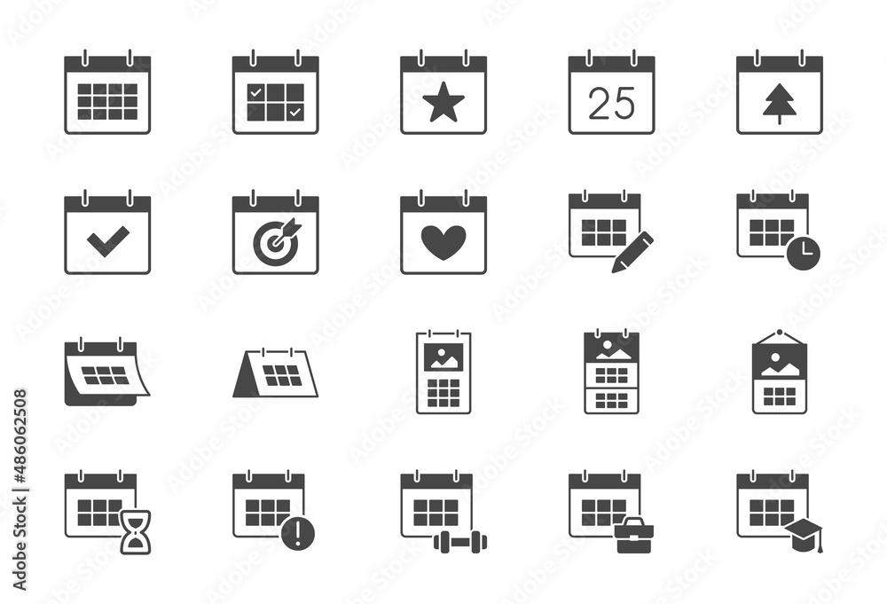 Calendar flat icons. Vector illustration include icon - hourglass, deadline, timetable, deadline, agenda, sandglass glyph silhouette pictogram for syllabus schedule