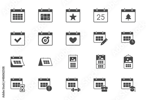 Calendar flat icons. Vector illustration include icon - hourglass, deadline, timetable, deadline, agenda, sandglass glyph silhouette pictogram for syllabus schedule