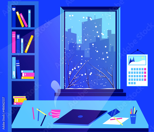 study from home. room of student colorful vector illustration. blue background