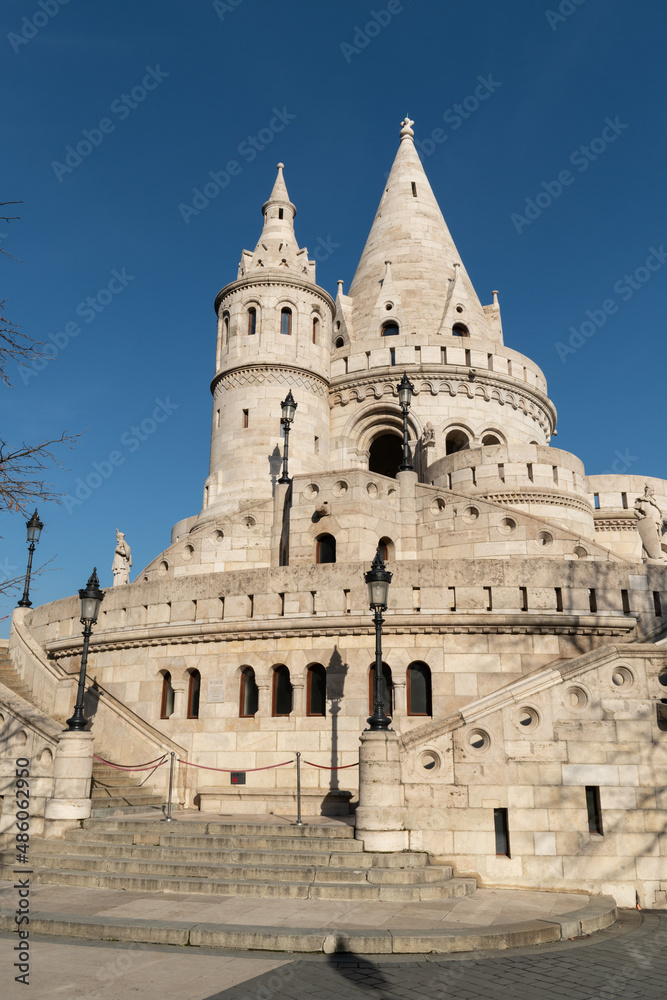 Fisherman's bastion fortress with towers in Budapest, Hungary