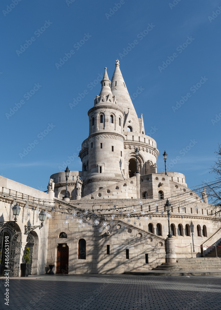 Fisherman's bastion fortress with towers in Budapest, Hungary