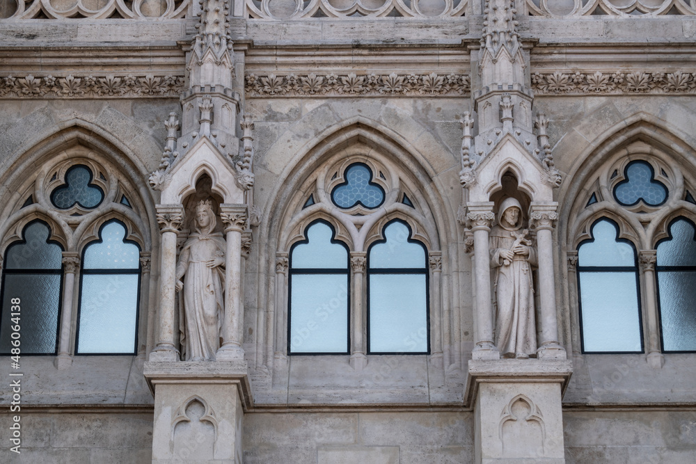 Statues on the church of St. Matthew near the fisherman bastion in Budapest, Hungary