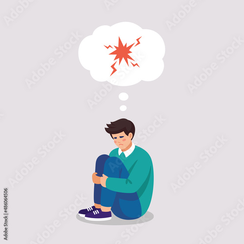 Angry tired man suffers of stress, anger, depressive disorder. Vector illustration of mental problems