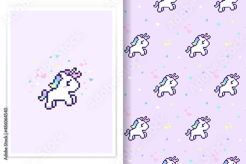 Seamless unicorn pattern with unicorn pixel art vector
