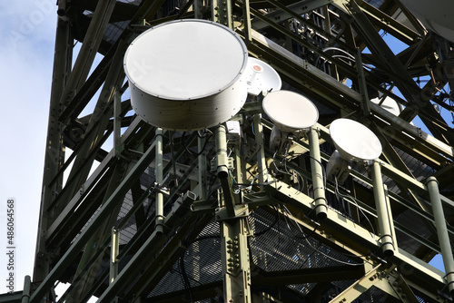 Detail of the telecommunication tower. Telecommunication tower with TV antennas and antennas for microwaves, 4g radio links and distribution of the 5g generation