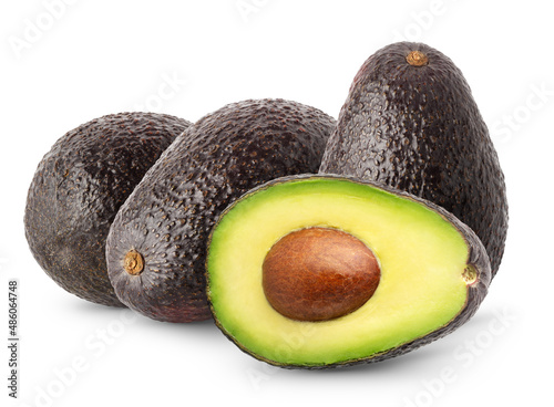 Isolated avocado. Group of three whole and cut in half avocado fruits isolated on white background
