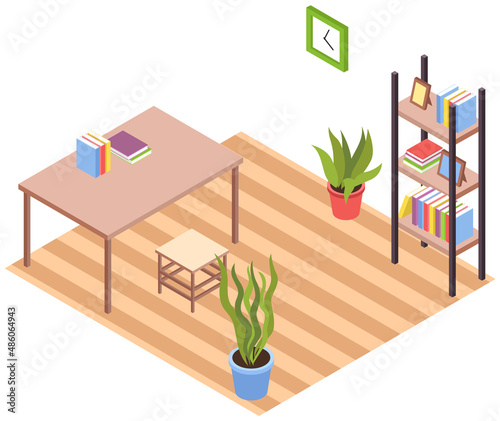 Modern interior of living room. Cosy furnished apartment. Comfy flat with table, stool, bookshelf and houseplants growing in pots and home decorations on white background, elements of furniture