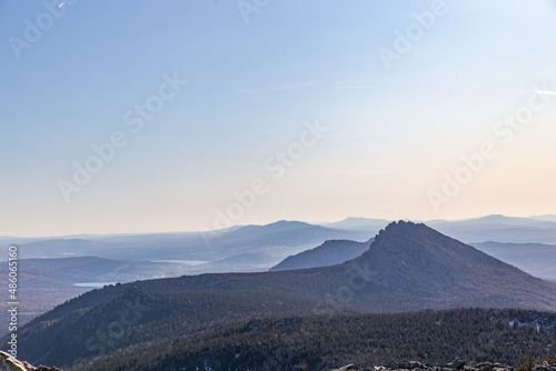 Beautiful view from Kruglitsa mountain. Taganay national Park, Zlatoust city, Chelyabinsk region, South Ural, Russia