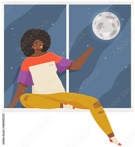 African American woman sitting near window and relaxing. Girl sitting on windowsill points to moon. Female character spends time at home, rests at night. Night sky, moon, view from window concept