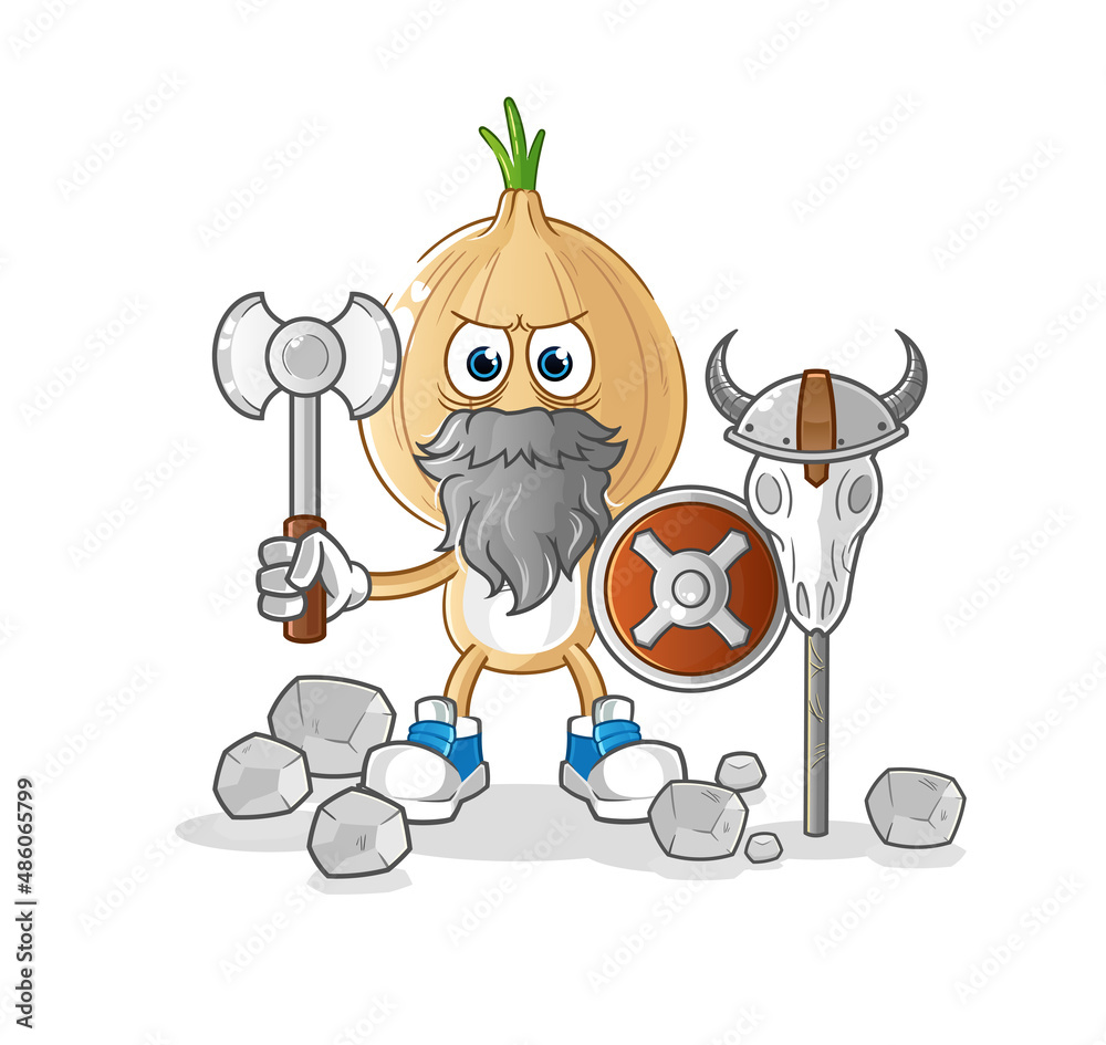 Obraz premium garlic head cartoon viking with an ax illustration. character vector