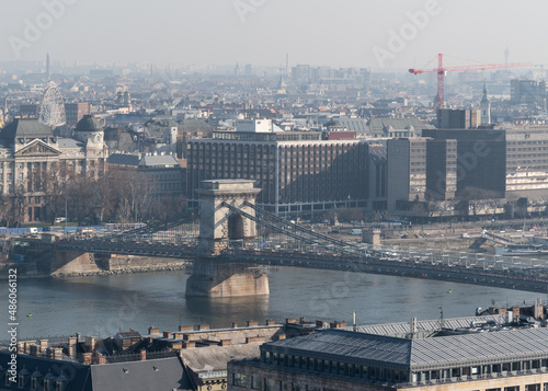 Cityscape of budapest with Szechenyi chain bridge over Danube river under renovation