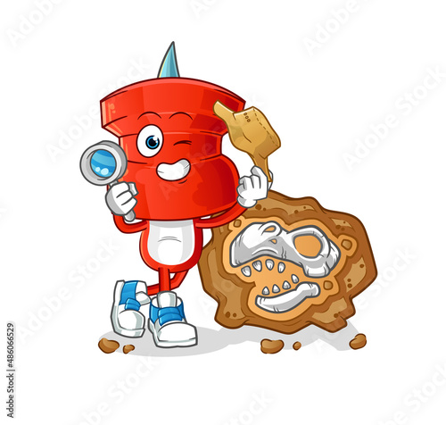push pin head cartoon archaeologists with fossils mascot. cartoon vector