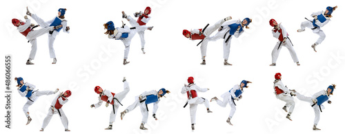 Set of images of two sportive girls, professional taekwondo athletes wearing doboks and sports uniforms practicing isolated on white background. Collage photo