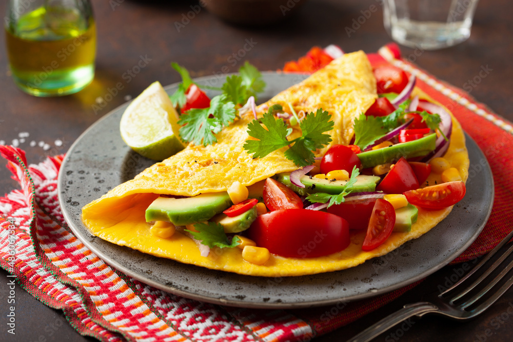 omelette with tomato, avocado onion chili and sweet corn. healthy keto diet low carb breakfast