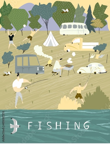 Travel by car. Outdoor recreation with fishing, barbecue, river, people in cute colors. Vector illustration with people in nature for banner, postcard, print, poster.
