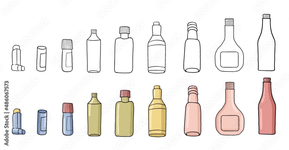 A set of plastic cans. Plastic containers, Bottle, bottle, pill jar. Waste management. Sorting garbage. Hand drawn illustration A set of plastic cans. Plastic containers, Bottle, bottle, pill jar. Waste management. Sorting garbage. Hand drawn illustration