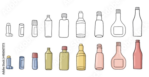 A set of plastic cans. Plastic containers  Bottle  bottle  pill jar. Waste management. Sorting garbage. Hand drawn illustration