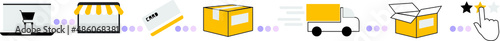 Click and collect order, icon, delivery truck delivery services steps, receive order in pick up point, e-commerce business concept