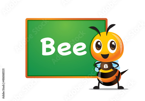 Cartoon cute bee standing beside a big blackboard with bee word. Bee character teaching. Cartoon bee