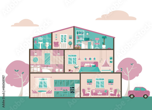 Detailed colorful home interior. Pink house in cut. Modern big building inside. Many rooms with furniture. Flat cartoon vector illustration.