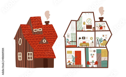 Cozy country House inside and outside, interior with furniture. Home cross section with bedroom, living room, kitchen, dining, bathroom, hall, workplace. Home in cut with red roof. Vector illustration
