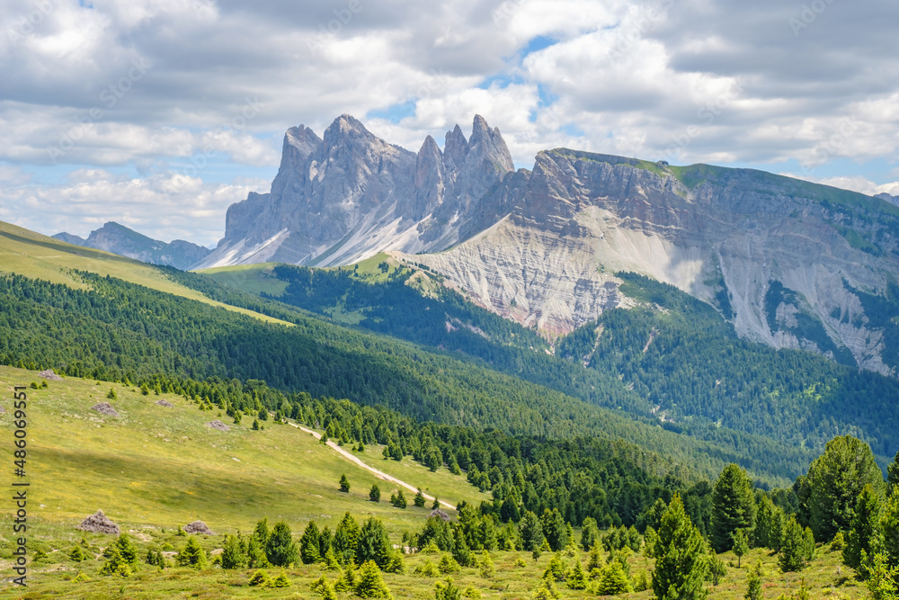Odle Mountains landscape view in the Dolomites