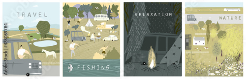 Summer camp with fire, tent, van, backpack, river, fishing, nature, horse, overnight. Vector set of cartoon landscapes with forest, travel and camping. Equipment for travel, hiking and outdoor activit