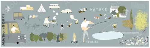 Relaxation. Camping. Set of cute summer vector elements with fishing, lake, nature, trees, cars, kids for print, design, poster, banner, postcard, design, stickers.
